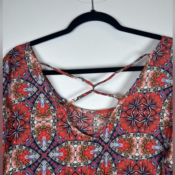 Balletcore JODIFL Red/Blue Patterned Mini Dress w/ Criss Cross Back. Size Large - Picture 3 of 9
